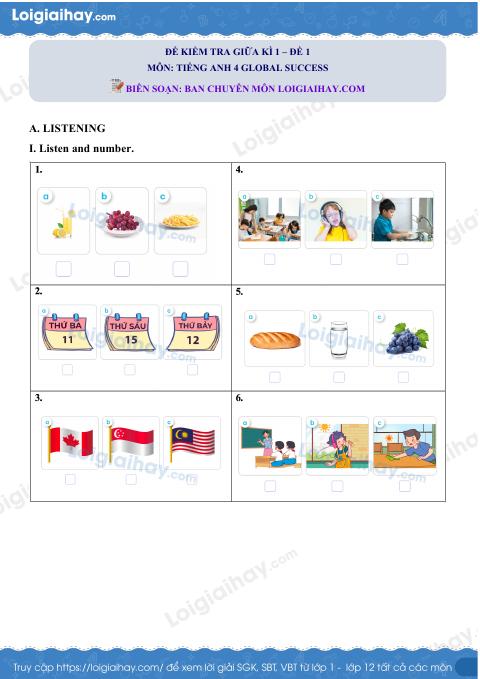 Đề thi giữa kì 1 Tiếng Anh 4 Global Success - Đề số 1
